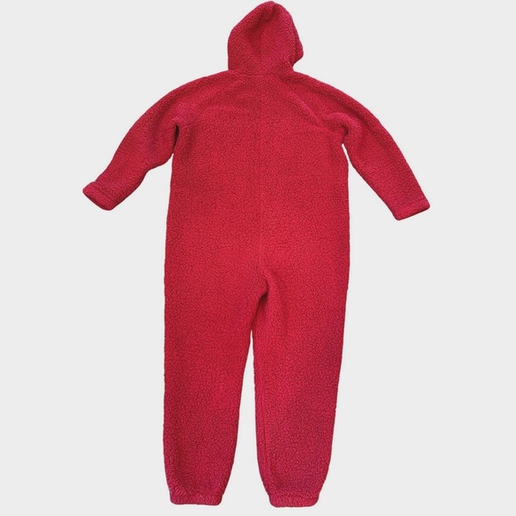 Eddie Bauer Plush Camp Suit Hooded Jumpsuit Sz L Sherpa Fleece Red Teddy Bear - Picture 2 of 15